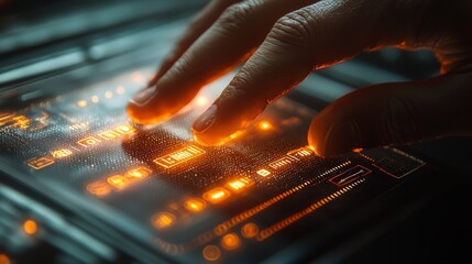Fototapete - Electric Spark Symbolizing Stock Learning Technology, Symbolized by Finger Touching Electric Spark, Creating Neural Connection Patterns on Dark Background.