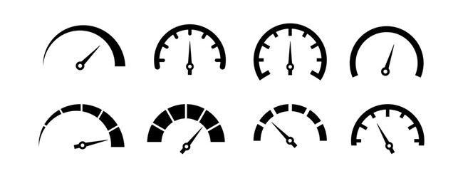 risk meter icon set. risk concept on speedometer. set of gauges from low to high. vector illustratio