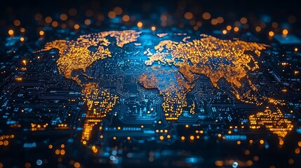 Fototapete - This detailed map of the world includes detailed borders for all countries in blue colors with blockchain technology.