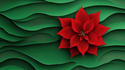 Poster - Paper cut style pattern of a red poinsettia flower with copy space on a green background for Christmas