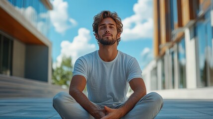 Poster - A man is sitting on the ground with his hands on his knees