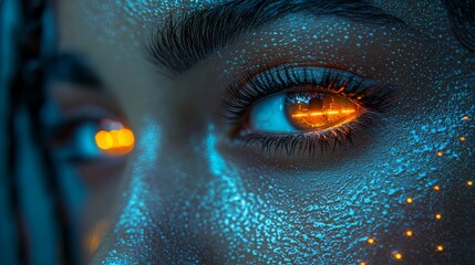 Digital human eye glowing with digital data, blue eye reflected in futuristic orange lights, representing technology, stock, future, and cybernetics