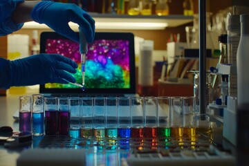 Aufkleber - In the genetics lab, an engineer is holding a tube and working on a laptop with a laptop computer
