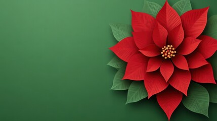 Poster - Paper cut style pattern of a red poinsettia flower with copy space on a green background for Christmas