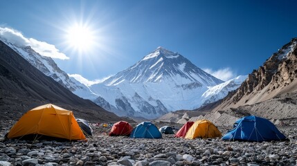 a view of mount everest from base camp, with colorful tents set up on the rocky terrain, as the mass