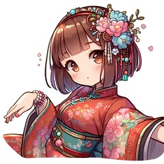 Wall Mural - hand drawn anime cartoon illustration of a girl wearing a chinese cheongsam.