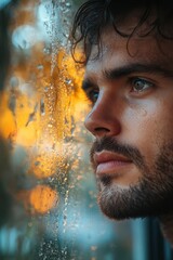 Poster - A man with a beard and glasses looking out a window