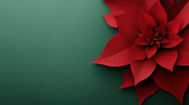 Paper cut style pattern of a red poinsettia flower with copy space on a green background for Christmas