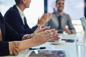 Canvas Print - Business people, hands and applause in office for achievement, success and support for colleague promotion. Corporate team, clap or tech in workplace for workshop training, company growth or feedback