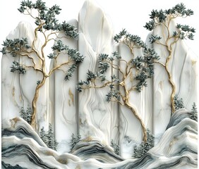 Poster - The image shows a rock mountain hill with a green forest isolated on a white background