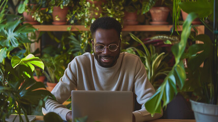Poster - portrait of a happy young businessman sitting in modern eco friendly office working on a laptop