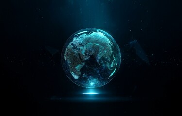Poster - a blue, glowing digital globe with a network of lines and dots against a black background.