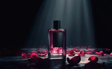 An elegant perfume bottle rests among rose petals, glowing softly in the soft light