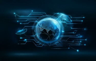 Poster - a glowing blue globe surrounded by lines and dots, reminiscent of a futuristic network.