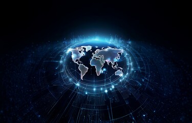 Aufkleber - a glowing, digital world map is centered in a dark blue circular pattern.