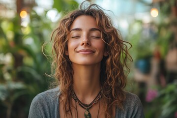 Poster - A woman with long brown hair is smiling and looking at the camera