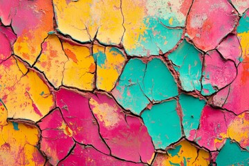 A visually striking abstract image showcasing cracked wall paint with bold colors, reflecting creativity, decay, and the passage of time in urban art.