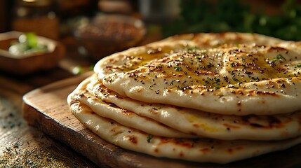 A close-up of pita bread on a wooden board, topped with za'atar and olive oil, its golden surface shining under the warm afternoon light. The background features a rustic Middle Eastern kitchen,