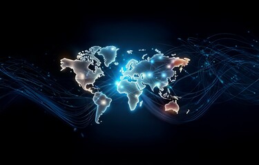 Poster - A glowing world map with connected lines on a black background.