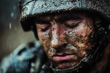 A soldier's face, heavily covered in mud, with eyes shut tight beneath a helmet, captures the essence of determination and the physical demands of wartime conditions.