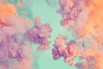 Poster - Soft pastel clouds drift across a green and orange tinted sky, creating a dreamlike landscape filled with serenity and surreal beauty, inspiring calm and wonder.