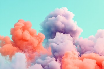 Poster - In a ethereal display, bright pastel clouds dance across a teal and coral sky, evoking a sense of whimsy, calm, and dreamlike wonder, full of creative spirit.