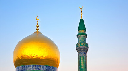 A close-up of a golden dome and a minaret of a mosque against a blue sky.