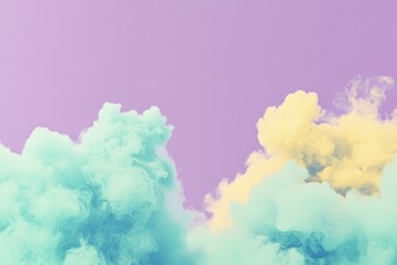 Aufkleber - A vibrant fusion of teal and yellow clouds swirl in a purple sky, creating an ethereal and mesmerizing scene capturing the fluid motion of soft, colorful clouds.