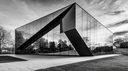 Poster - dramatic black and white photograph of a geometric glass facade on a contemporary building.
