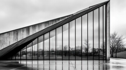 Poster - dramatic black and white photograph of a geometric glass facade on a contemporary building.