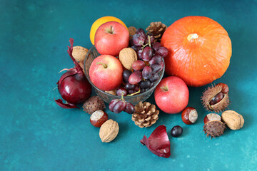 Still life photo with apples and grapes. Close up of seasonal vegetables and fruit. Balanced diet and healthy lifestyle concept. 