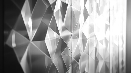 Poster - dramatic black and white photograph of a geometric glass facade on a contemporary building.