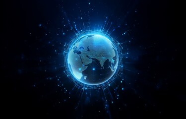 A glowing blue Earth with connected lines on a black background.