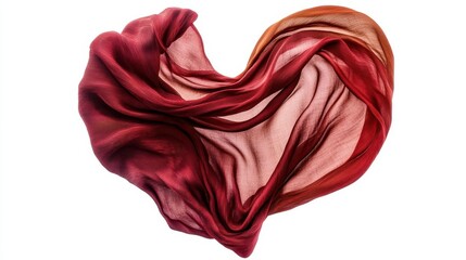 abstract heart crafted from flowing red silk, elegantly isolated on a clean white background, symbolizing love and passion, with intricate details emphasizing texture and movement