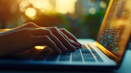 Poster - Hands Typing on Laptop at Sunset