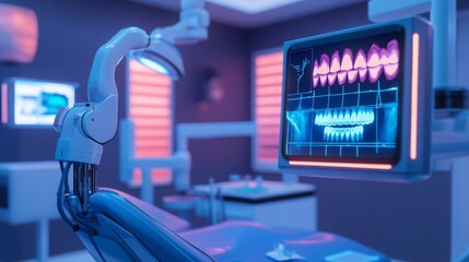 Poster - A contemporary dental clinic features a comfortable chair, advanced tools, and a glowing x-ray display of teeth