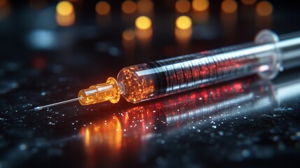 Poster - A syringe is positioned on a reflective surface, filled with a vibrant orange liquid. The background glows softly with sparkling lights, creating an intriguing atmosphere.
