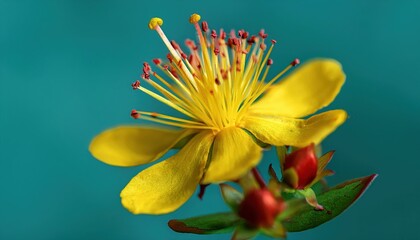 Poster - Close-Up Macro Photography of a Bright Yellow Flower with Red Stamens and Green Sepals Set Against a Smooth Teal Background. Ideal for Botanical, Nature, Floral Art, or Vibrant Summer Themed Projects