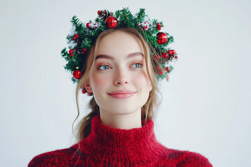 Beautiful girl in Christmas outfit on white background