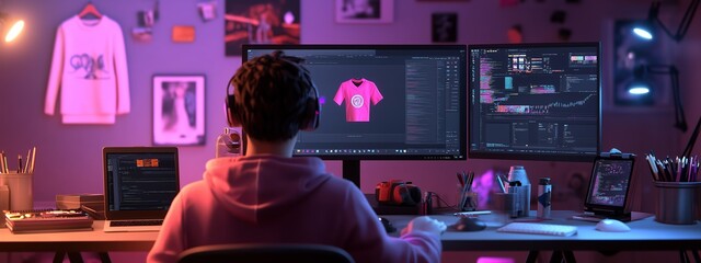 Poster - a creative designer works late at night in a vibrant studio with dual monitors, focusing on graphic 