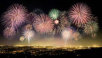 fireworks night sky with a city in the background