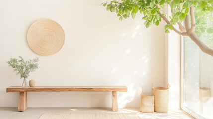 Wall Mural - A small hallway with warm natural light streaming through a window, wooden benches and plants