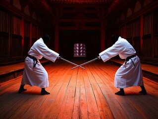 Kendo duel in a traditional Japanese courtyard, the deep red and brown tones of the wooden buildings contrasting with the white uniforms and bamboo swords