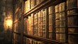 © Bijac - ancient library wall filled with a treasure trove of old books and manuscripts, their worn spines telling stories of history, illuminated by soft, warm lighting