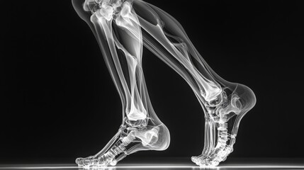 Leinwandbilder - A clear depiction of human leg bones in motion shows the intricate anatomy of the legs while walking, focusing on the joints and structure during this natural movement.