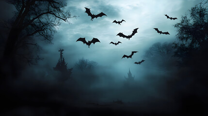 Wall Mural - Silhouettes of bats flying in dark, spooky and foggy night, Halloween or Friday the 13th concept.