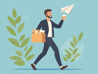 Businessman throwing paper plane, carrying food box and coffee, anywhere environment, flat design illustration