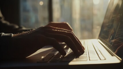 Poster - Closeup of Hands Typing on Laptop in a Sunlit Room