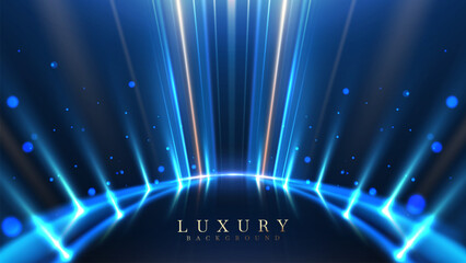 Wall Mural - dark blue stage background with neon lights and bright golden spotlights. elegant style backdrop des