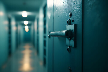 detailed close up of jail cell door lock, showcasing metallic texture and intricate design. blurred background reveals dimly lit corridor, enhancing atmosphere of confinement and security